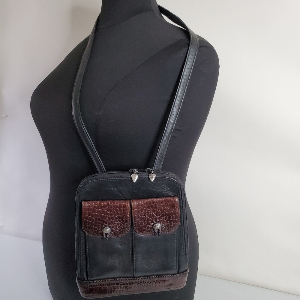Brighton Leather Shoulder Bag Black and Brown with Pockets Casual Purse Fall